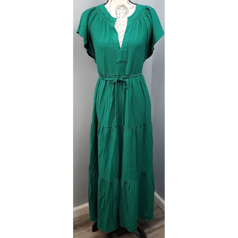 Calvin Klein Tiered Maxi Dress Womens 16 Green Textured Flutter Sleeve Tie Waist
